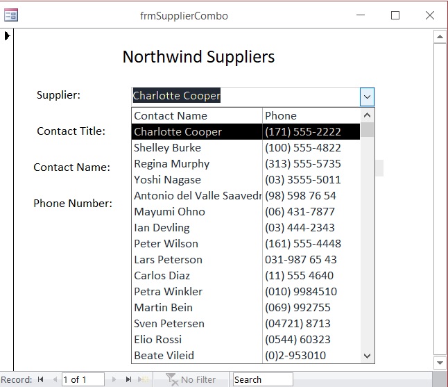 Northwind Suppliers drop down box / combo box displays 2 fields