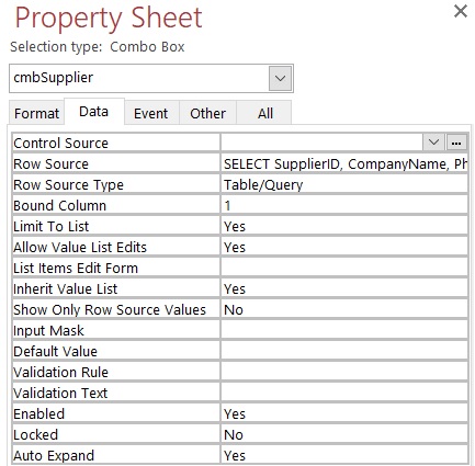 Northwind Suppliers combo box Properties' data sheet