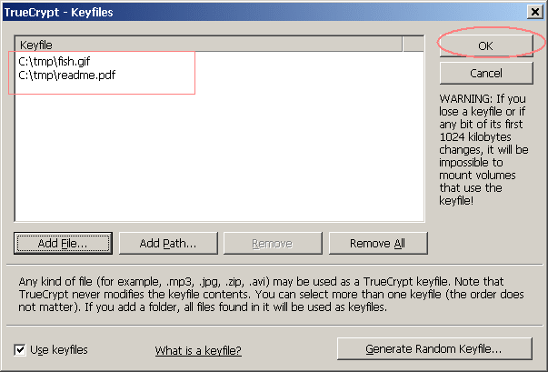 Keyfiles are displayed